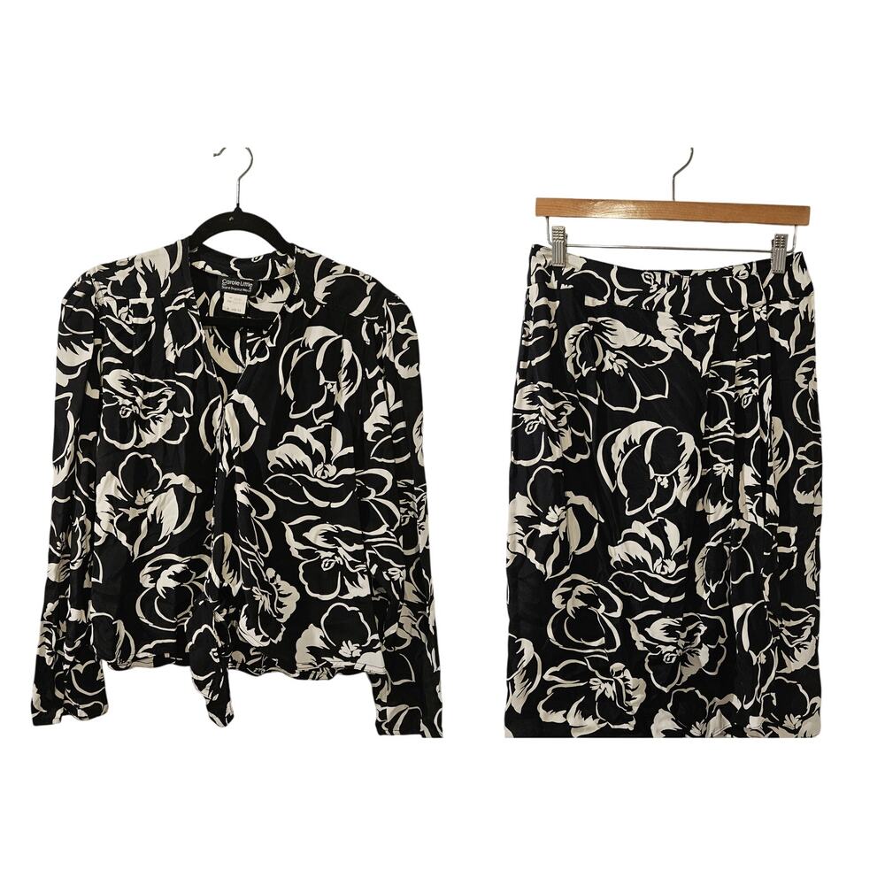 Vintage Carole Little West Black White Floral Blouse and Wrap Skirt Set Sz 10/12 - Picture 1 of 12